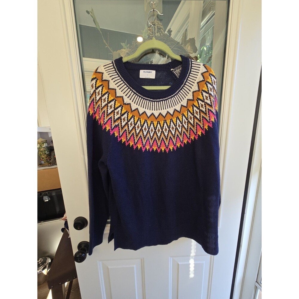 Old Navy Sweater Fair Isle Pullover Women's XL Navy Knit